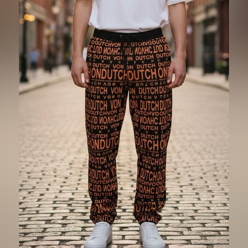 Von Dutch‎ Paris Logo Print Jogger Sweatpants Men’s Size Small Black Orange
